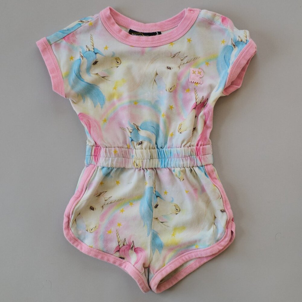 ROCK YOUR BABY PINK & BLUE COTTON UNICORN PLAYSUIT